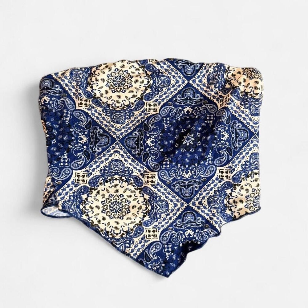 BOHO Faded Rose blue paisley bandana-print tube top, size M